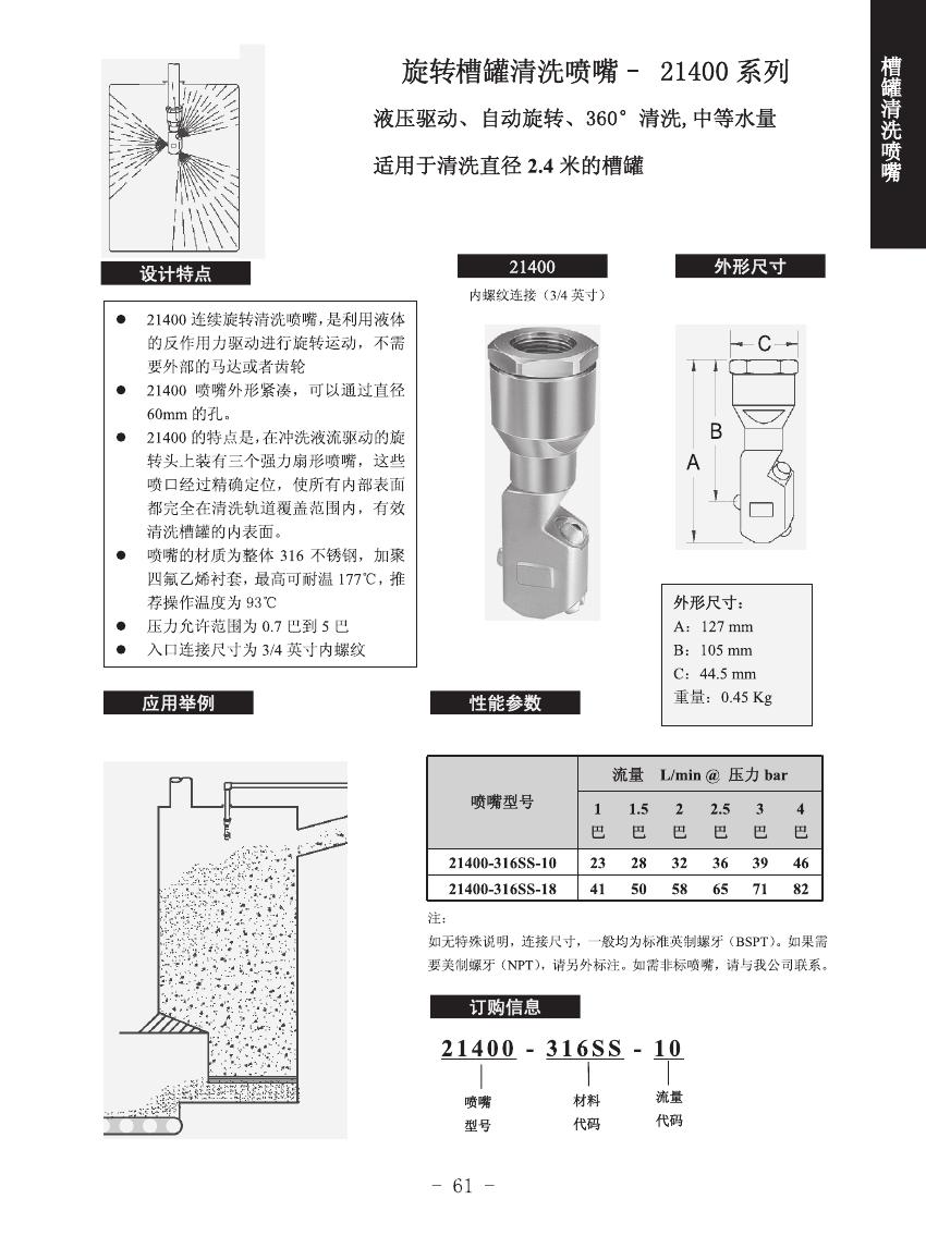 旋转槽罐清洗喷嘴21400系列的设计特点、喷嘴设计、一般应用及订购信息