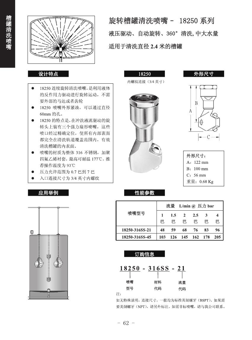旋转槽罐清洗喷嘴18250系列的喷嘴设计、一般应用及订购方式